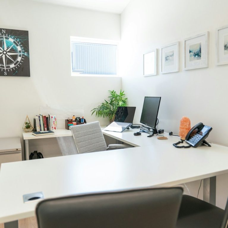 Oficina moderna con dos escritorios, sillas, plantas y cuadros en las paredes.